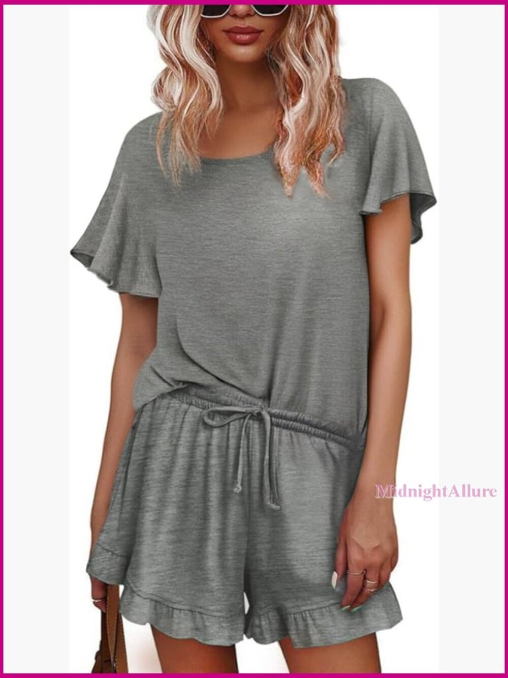 Women's Pajama Shorts Set - Soft 2 Piece Summer Lounge Set Ruffle Top